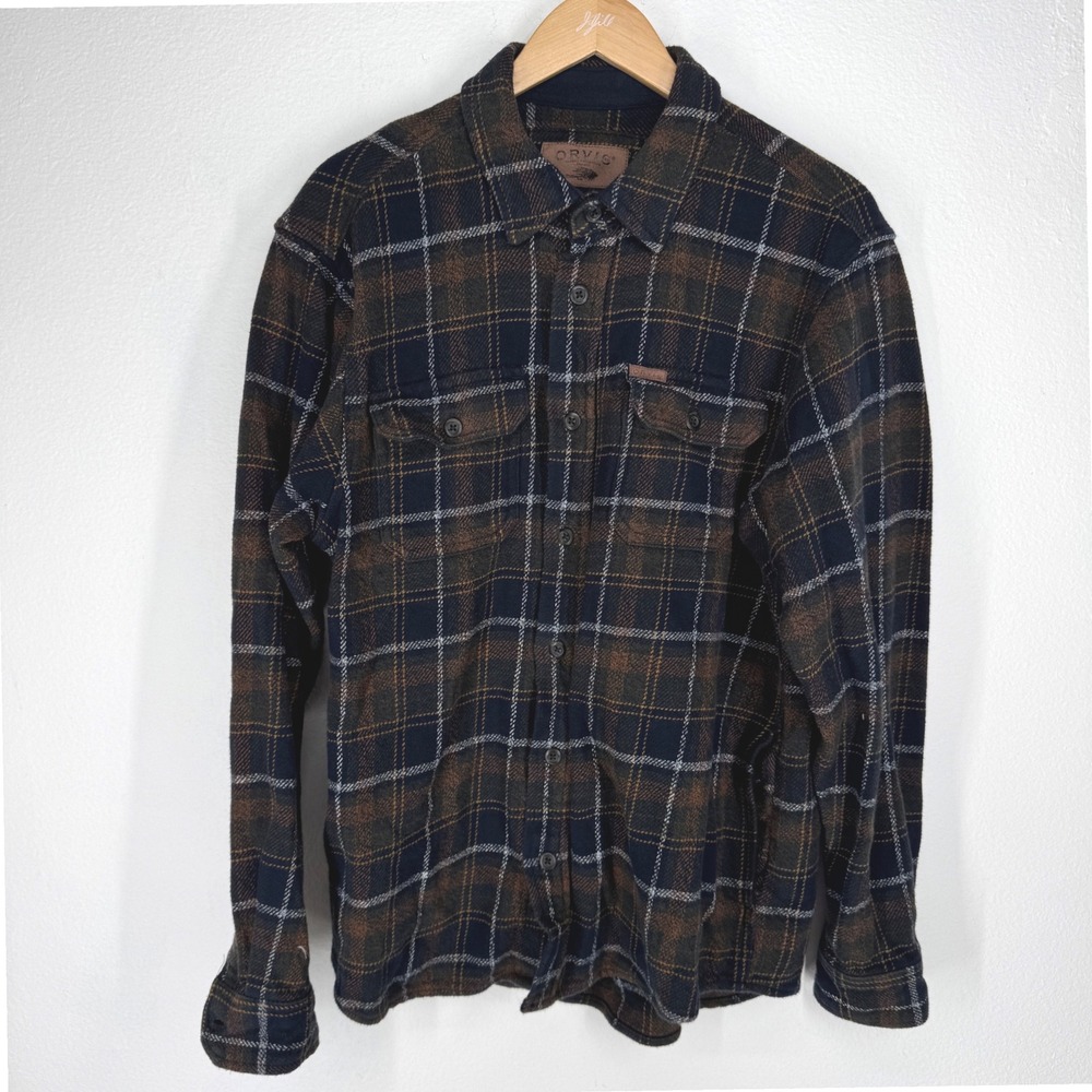 Orvis Shacket Plaid Fleece Flannel Shirt Jacket Men Medium Pockets Camping Heavy